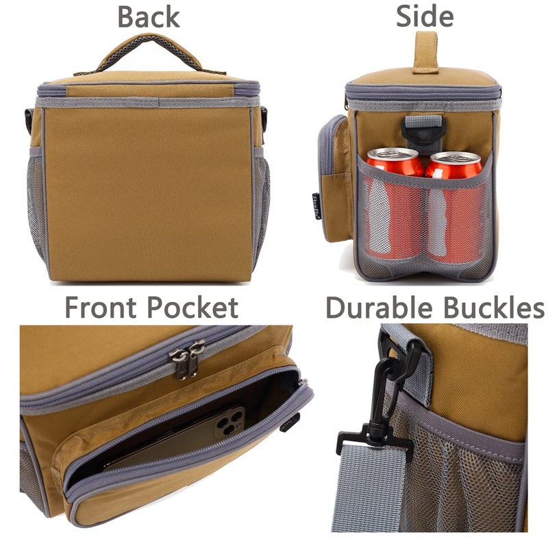 FlowFly Insulated Reusable Lunch Bag Adult Large Lunch Box for Women and Men with Adjustable Shoulder Strap,Front Zipper Pocket and Dual Large Mesh Side Pockets,Brown - Image 5